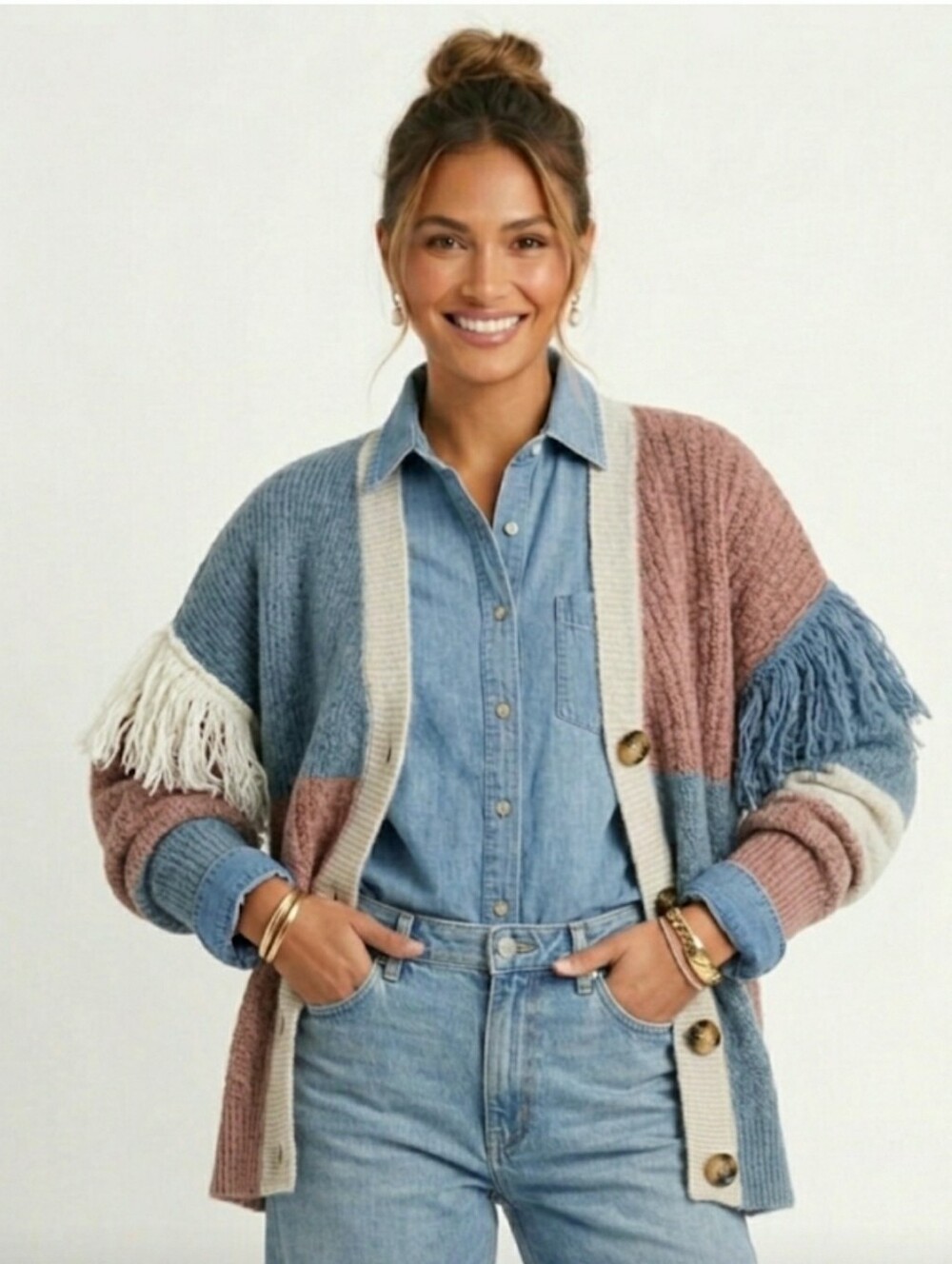 Boho Chic XL Knit Cottage Fringe Cozy Soft Stretch Cardigan Sweater New